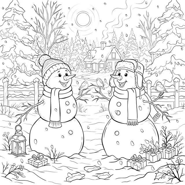 Romantic Winter Night of Snowmen