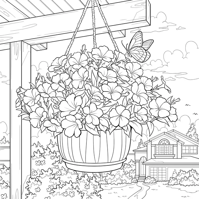 Hanging Flower Basket and Butterfly Scene
