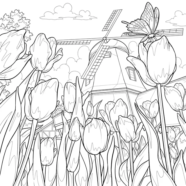 Beautiful Scene of Tulips and Windmill