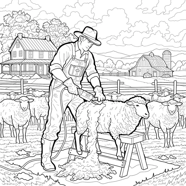 Sheep - shearing Scene on the Farm