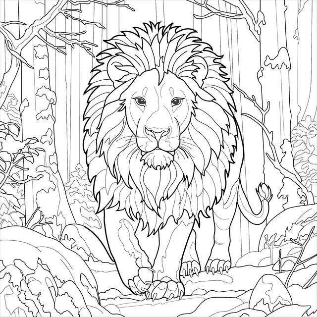 Lion in the Snow - covered Forest