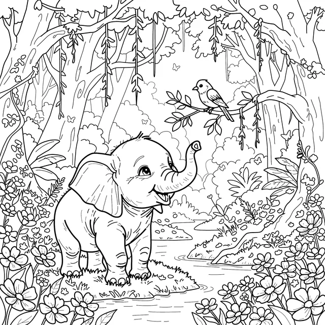 Baby Elephant and Bird in the Forest