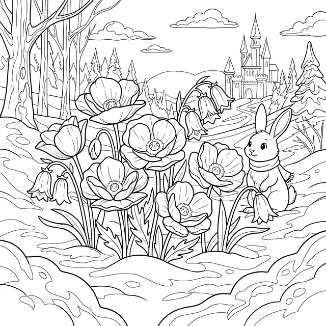 Snowy Landscape with Flowers, Rabbit and Castle