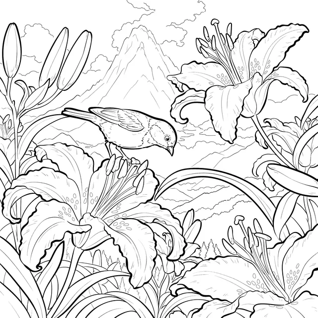 Lilies and a Bird in the Mountains