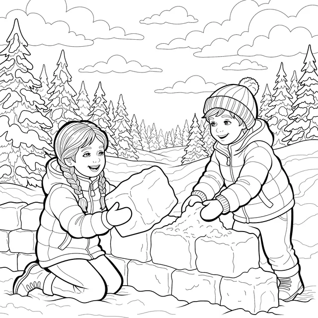 Children Building Ice - blocks in Winter