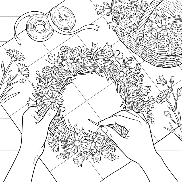 Hand - making Flower Wreath Scene