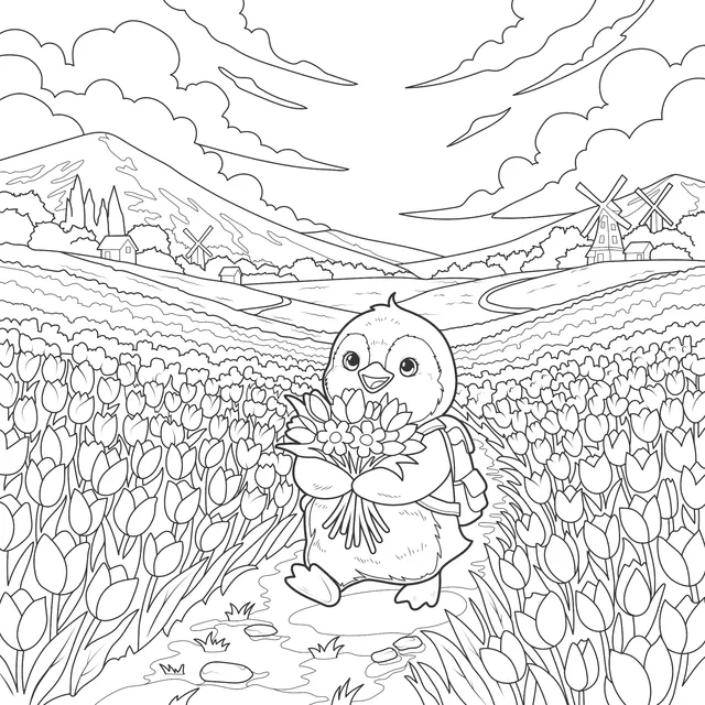 Penguin Strolling in a Flower Sea