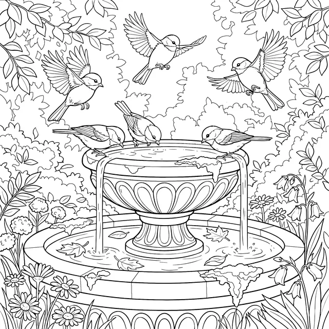 Fountain and Birds in the Garden