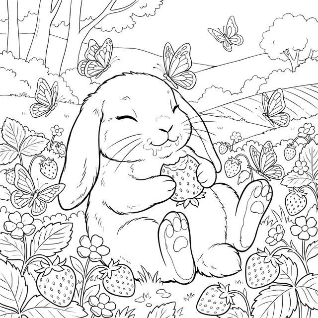 Happy Rabbit Eating Strawberries