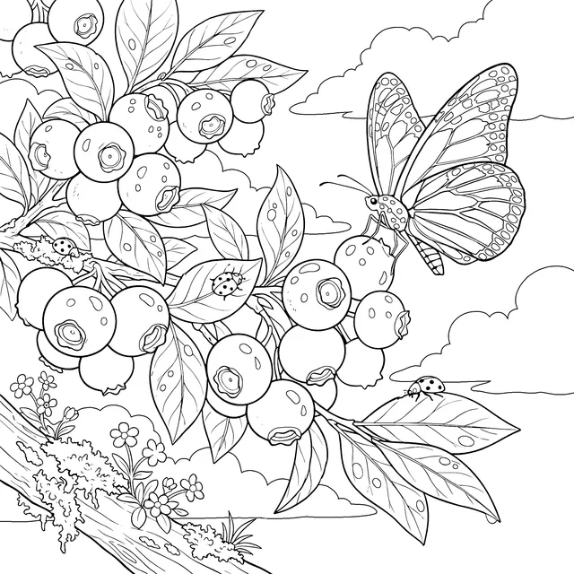 Butterfly and Ladybugs on a Blueberry Branch