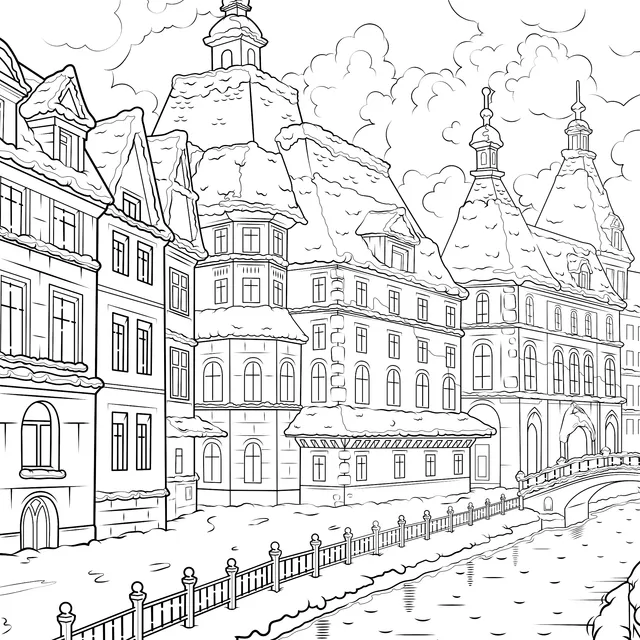 Colorful Buildings by the River in Winter