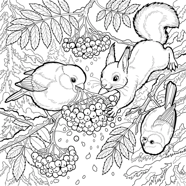 Autumn Scene of Squirrel and Birds