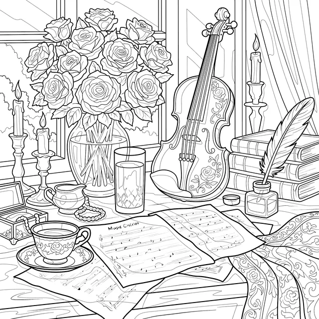 Cozy Indoor Scene with Music and Flowers