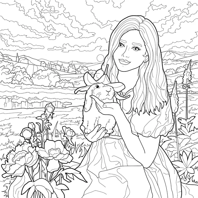 A Girl and Her Adorable Rabbit in a Pastoral Scene