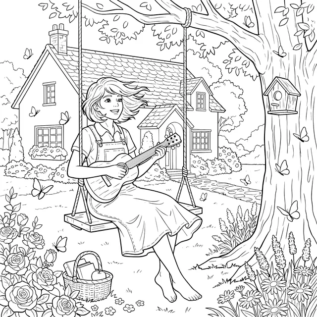 Girl playing the guitar on a garden swing