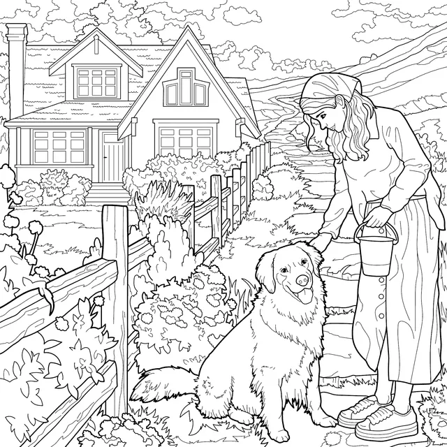 A Girl and Her Golden Retriever in a Rural Scene
