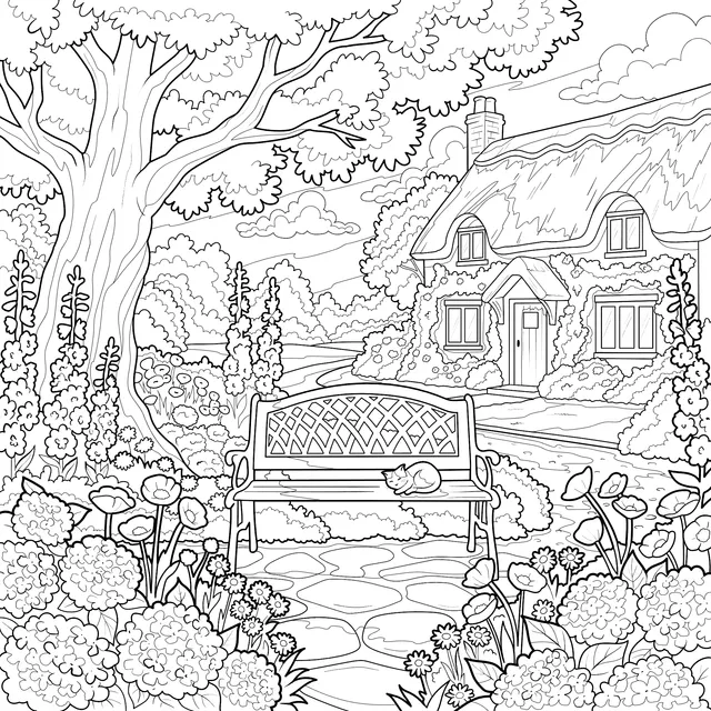 Bench in a Rural Garden Scene