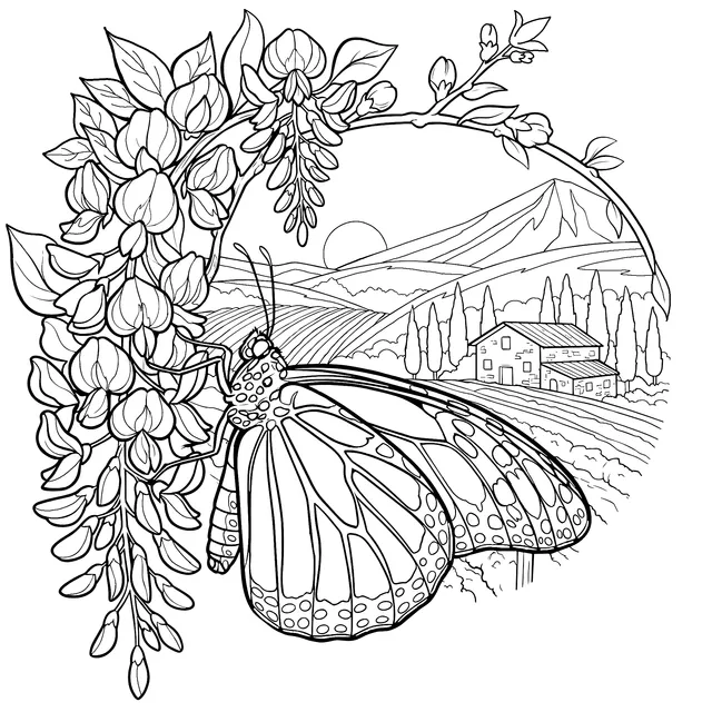 Butterfly and Flower in Rural Scenery