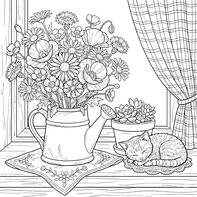 Flowers and Cat by the Window