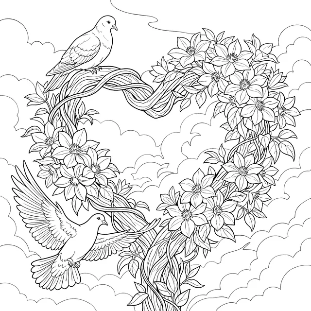 Heart - shaped Vine and White Pigeons