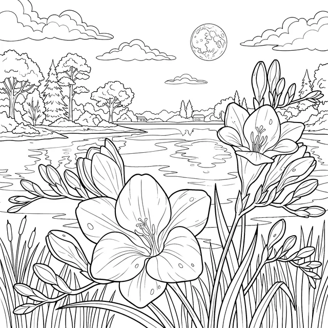 Flower - filled Lakeside Scene under the Moonlight