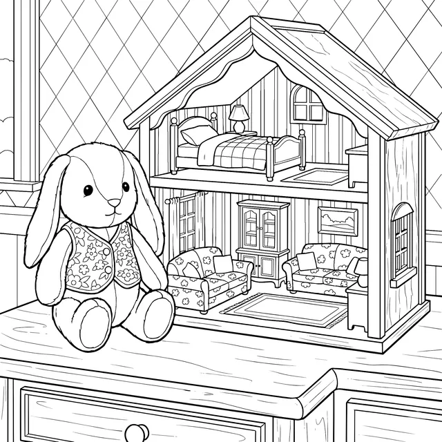 Cute Bunny and Exquisite Dollhouse