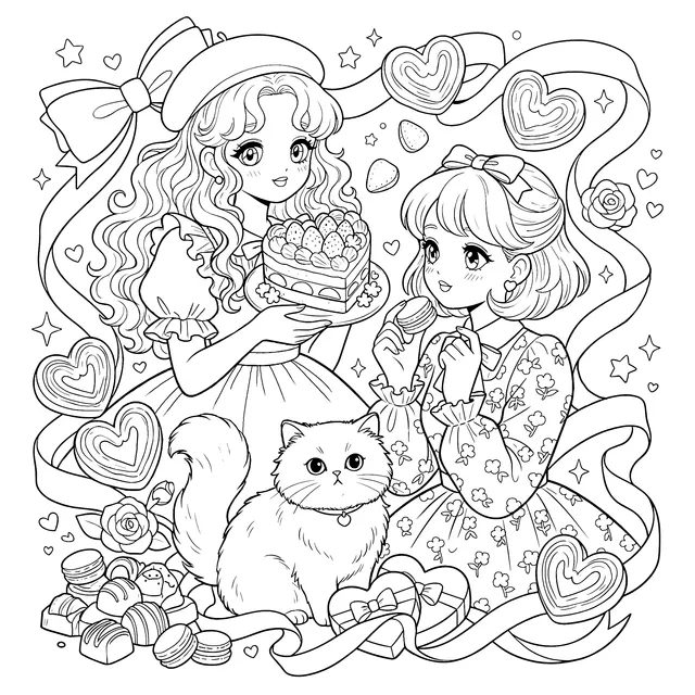 Sweet Girls and Adorable Cat