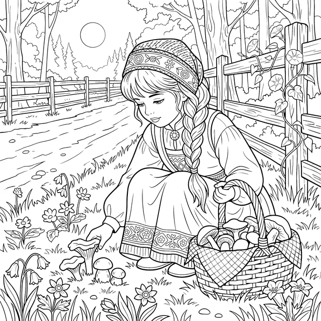 Girl Picking Mushrooms in the Forest
