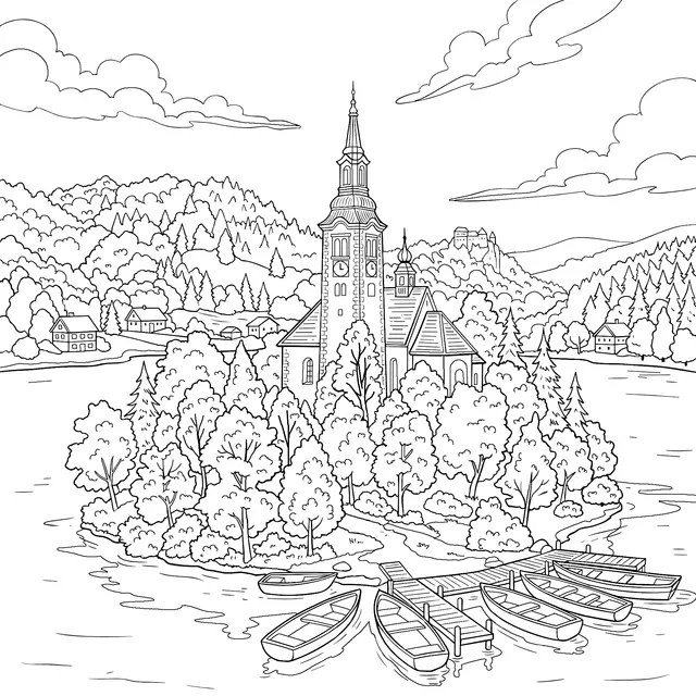 Autumn Church on the Lake - center Island