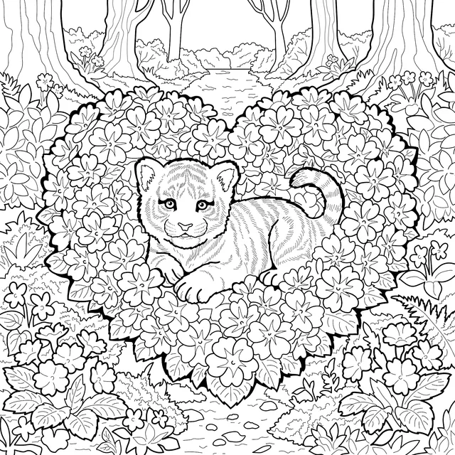 Cute Tiger in Heart - shaped Flowers