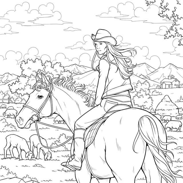 Woman Riding a Horse on the Prairie