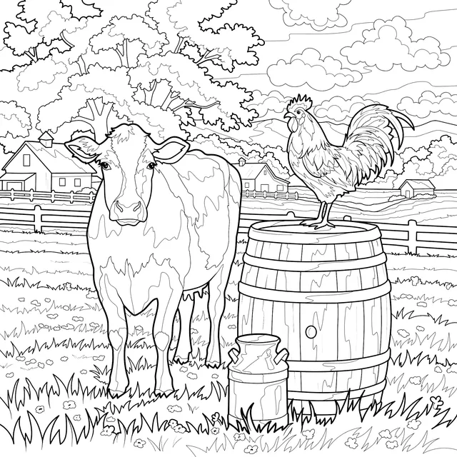 Cow and Rooster in the Countryside