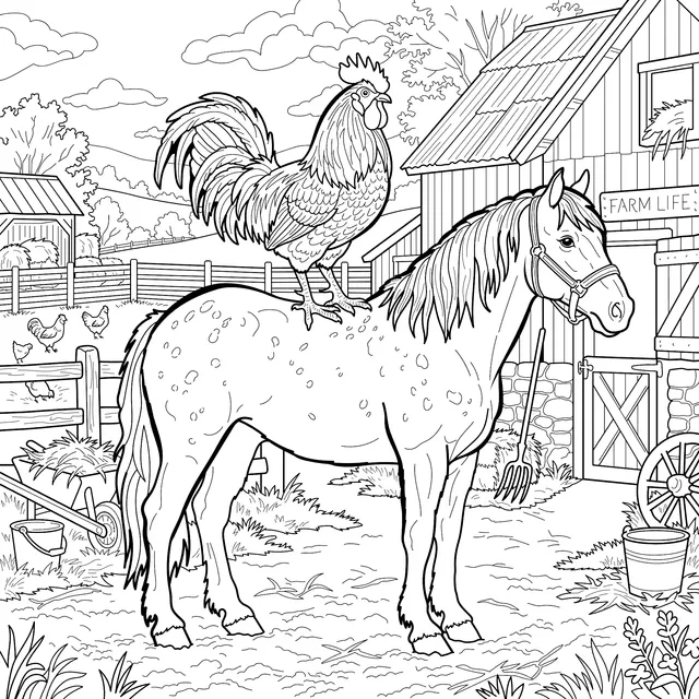 Horse and Rooster on the Farm
