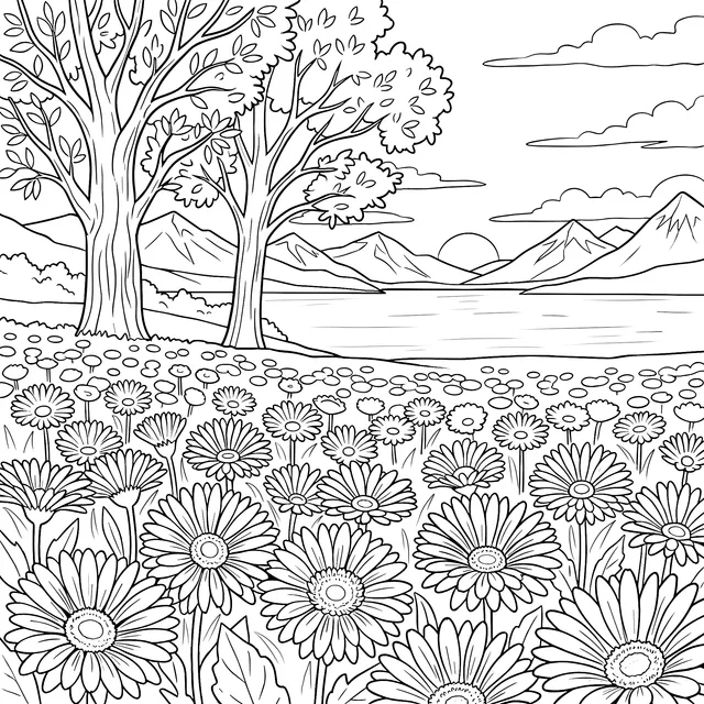 Beautiful Scene of a Flower - filled Field by the Lake