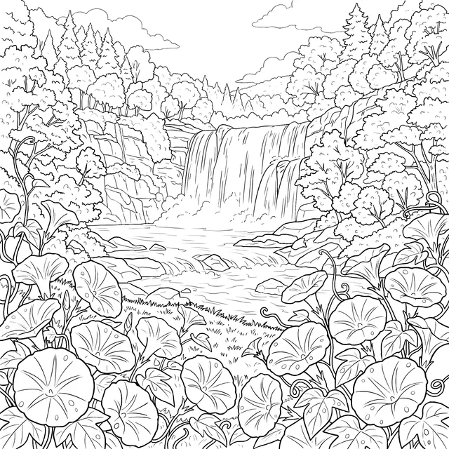 Beautiful Waterfall and Flower Scenery