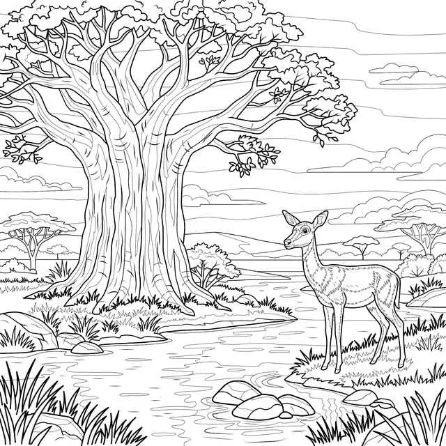 Deer and Big Tree by the River