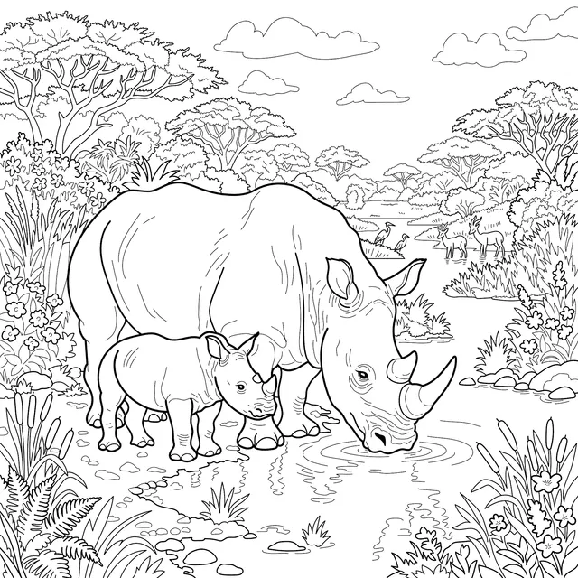 Mother - baby rhino in a natural scene