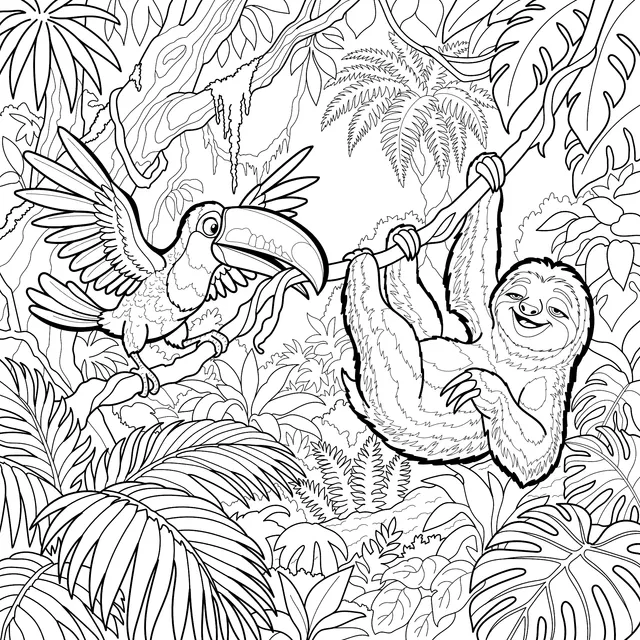 Sloth and Toucan in the Tropical Rainforest