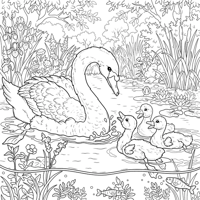 A Swan Family Playing in the Water