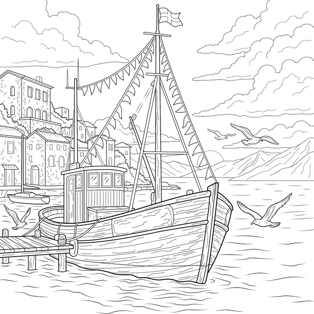 Fishing Boat at Dusk in the Harbor