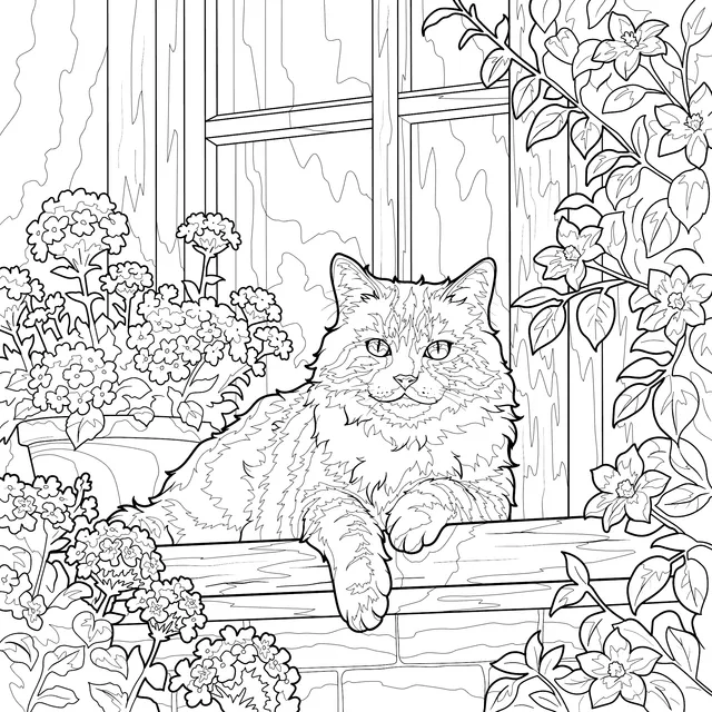 Cat by the Window with Flowers