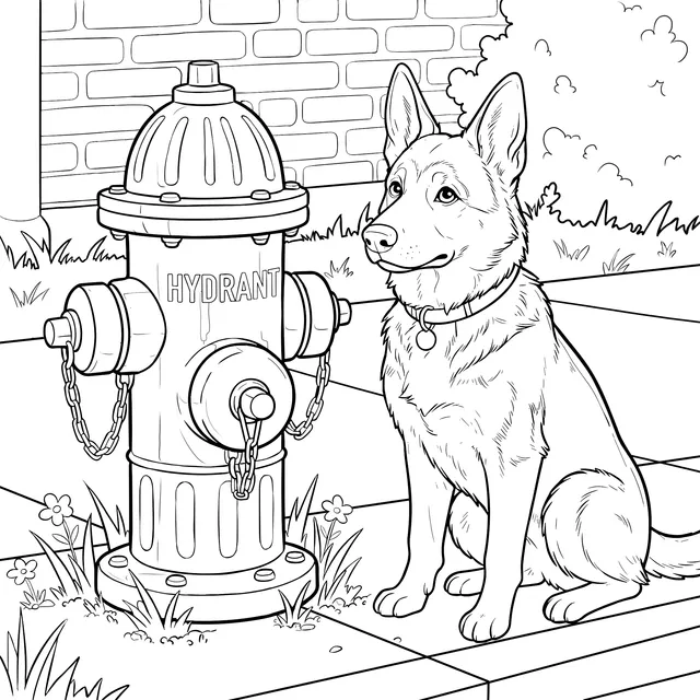German Shepherd Dog beside a Fire Hydrant