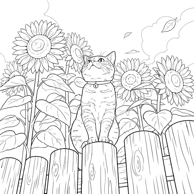 Cat and Sunflowers on the Fence