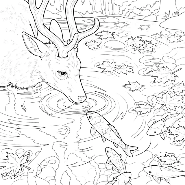 Autumn Scene of Deer and Koi Fish