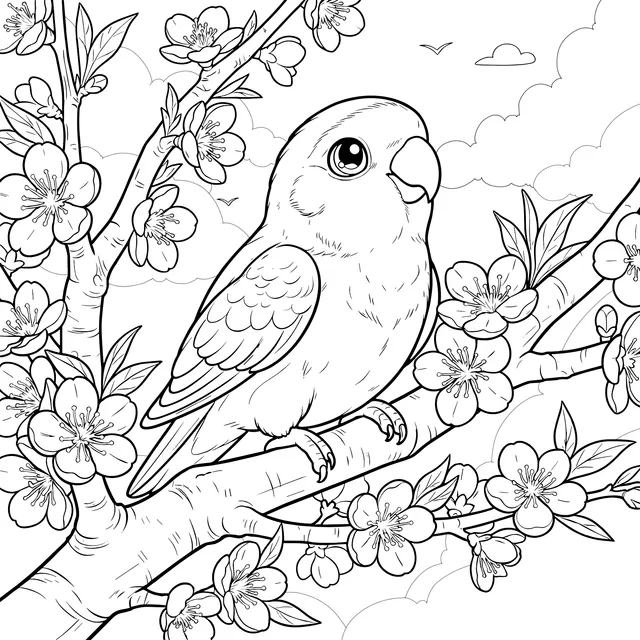Parrot and Blossoming Flowers