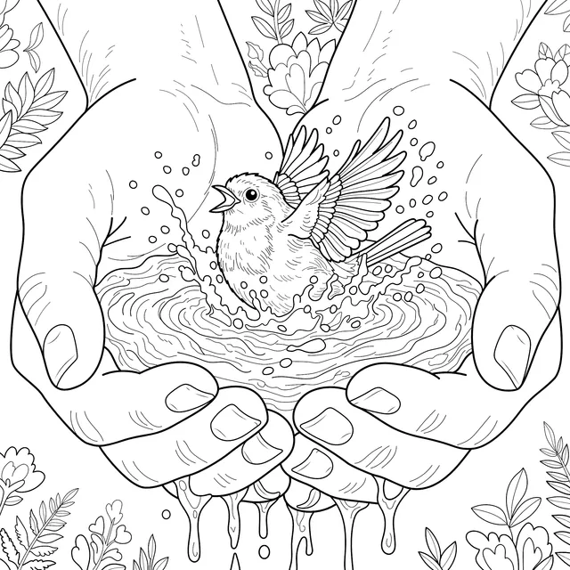 Little Bird Bathing in Palms