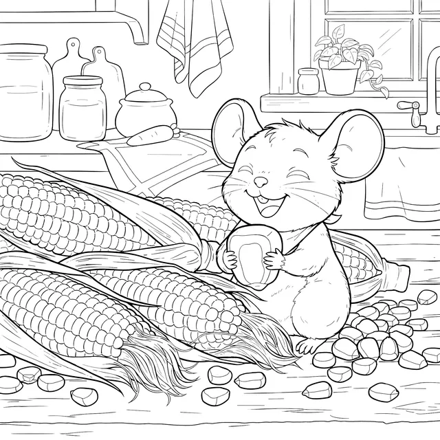 A Little Mouse Eating Bread in the Kitchen