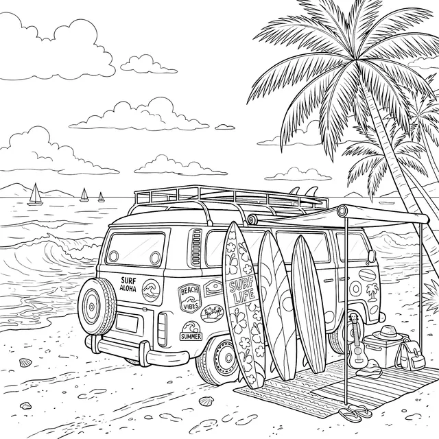 Surfing Camper Van on the Beach