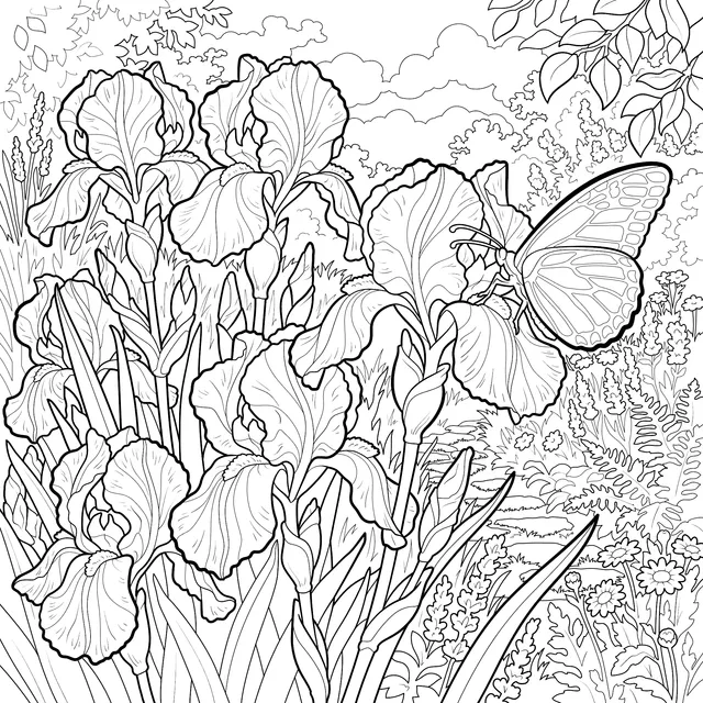 Irises and Butterfly