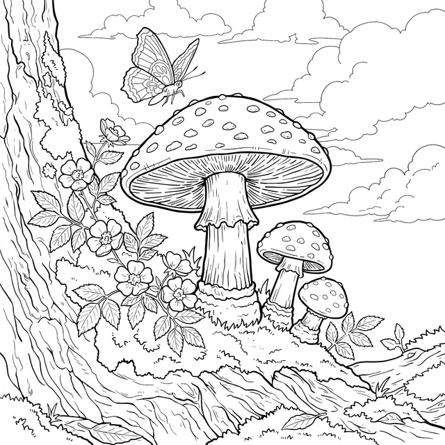 Mushrooms and Butterfly in the Forest